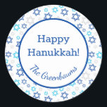 Star of David Classic Round Sticker<br><div class="desc">These fabulous gift tags would look great on all your Hanukkah gifts. They are so modern yet classic with their blue, turquoise and silver Stars of David in all different sizes. And, they are customizable with your family name.</div>
