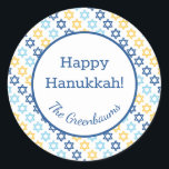 Star of David Classic Round Sticker<br><div class="desc">These fabulous gift tags would look great on all your Hanukkah gifts.  They are so festive with their Stars of David in blue and yellow.  Trendy yet traditional.  And,  they are customizable with your family name.</div>