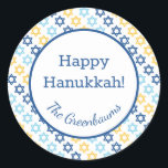 Star of David Classic Round Sticker<br><div class="desc">These fabulous gift tags would look great on all your Hanukkah gifts. They are so festive with their Stars of David in blue and yellow. Trendy yet traditional. And, they are customizable with your family name.</div>