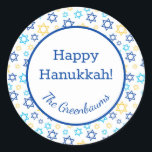 Star of David Classic Round Sticker<br><div class="desc">These fabulous gift tags would look great on all your Hanukkah gifts. They are so modern yet classic with their blue, turquoise and yellow Star of Davids in all different sizes. And, they are customizable with your family name.</div>
