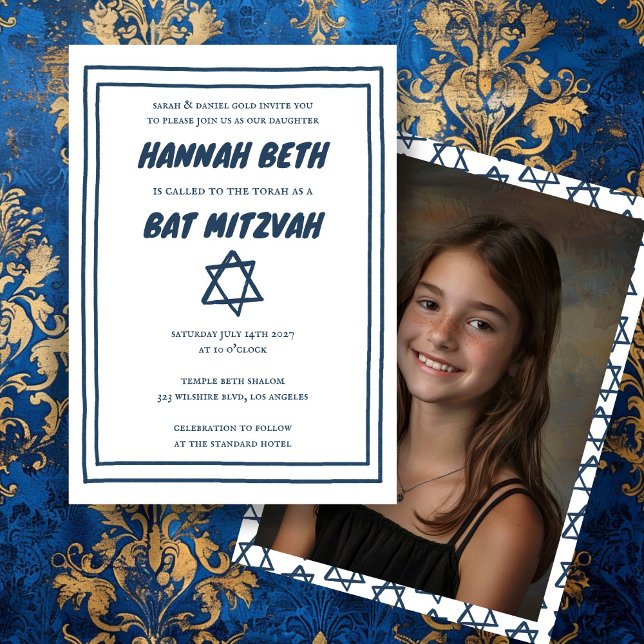 Star of David Custom Photo B'nai Bat Bar Mitzvah Invitation (Star of David Custom Photo B'nai Bat Bar Mitzvah Invitation
Simple Minimalist Blue White)