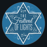 Star of David Festival of Lights Blue Hanukkah Classic Round Sticker<br><div class="desc">A large cobalt blue Star of David is the focal piece of this sticker printing against a lighter blue background. The words "The Festival of Lights" print inside the star with swirls both inside and radiating outward from the star to make a lovely Hanukkah favour. Great as an envelope or...</div>