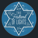 Star of David Festival of Lights Blue Hanukkah Classic Round Sticker<br><div class="desc">A large cobalt blue Star of David is the focal piece of this sticker printing against a lighter blue background. The words "The Festival of Lights" print inside the star with swirls both inside and radiating outward from the star to make a lovely Hanukkah favour. Great as an envelope or...</div>