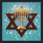 Star of David Gold Menorah on Teal Vines Art Print<br><div class="desc">Frame this stunning art print and give it as a gift to newlyweds,  a bar mitzvah or a loved one. The Magen David (Star of David) is featured with a golden menorah on a iridescent background of teal vines.</div>