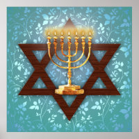 Star of David Gold Menorah on Teal Vines Art Print
