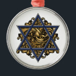 Star of David Gold Metal Ornament<br><div class="desc">Elegant Star of David with traditional blue and white hexagram symbol complimented with an ornate baroque flourish of gold background. Art of Margaret Loftin Whiting.</div>