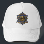 Star of David Gold Trucker Hat<br><div class="desc">Elegant Star of David with traditional blue and white hexagram symbol complimented with an ornate baroque flourish of gold background. Art of Margaret Loftin Whiting.</div>