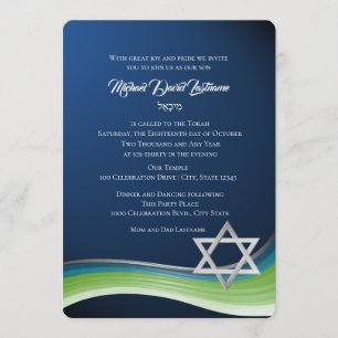 Star of David Green and Blue Gradient Bar Mitzvah Invitation