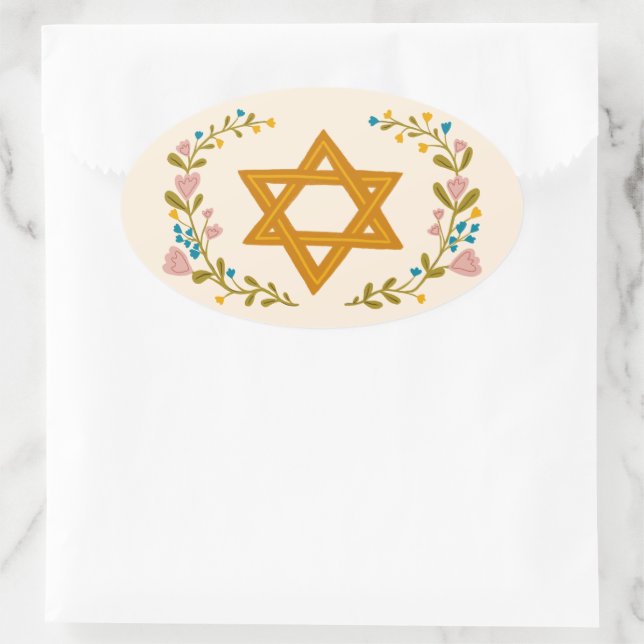 Star of David Hand-drawn Floral Jewish Custom Oval Sticker (Bag)