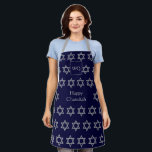 Star of David | HAPPY CHANUKAH | Monogram Blue Apron<br><div class="desc">Stylish HAPPY CHANUKAH Apron with faux silver STAR OF DAVID pattern against a midnight blue background. In the middle there is a CUSTOMIZABLE text which reads HAPPY CHANUKAH in faux silver typography. At the top there is a CUSTOMIZABLE MONOGRAM, which you can replace with your own. Matching items available. Great...</div>