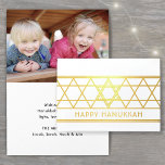 Star of David Happy Hanukkah Modern Simple 1 Photo Foil Card<br><div class="desc">Send elegant Happy Hanukkah wishes with a modern custom photo folded card. All wording on this template is simple to personalize. The black, white and gold foil design features a geometric Star of David design, minimalist vintage art deco typography, and one photo of your choice. Family and friends will love...</div>