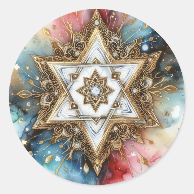 Star Of David Marble White Gold Abstract Purple  Classic Round Sticker (Front)