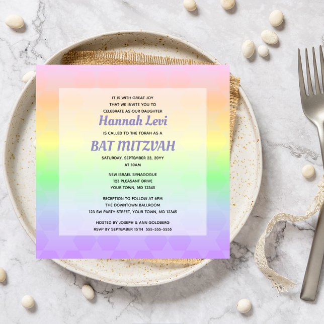 Star of David Pastel Ombre Bat Mitzvah Square Invitation (Creator Uploaded)
