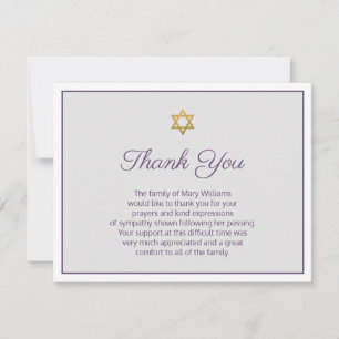 Star of David Purple and Greenery Funeral  Thank You Card