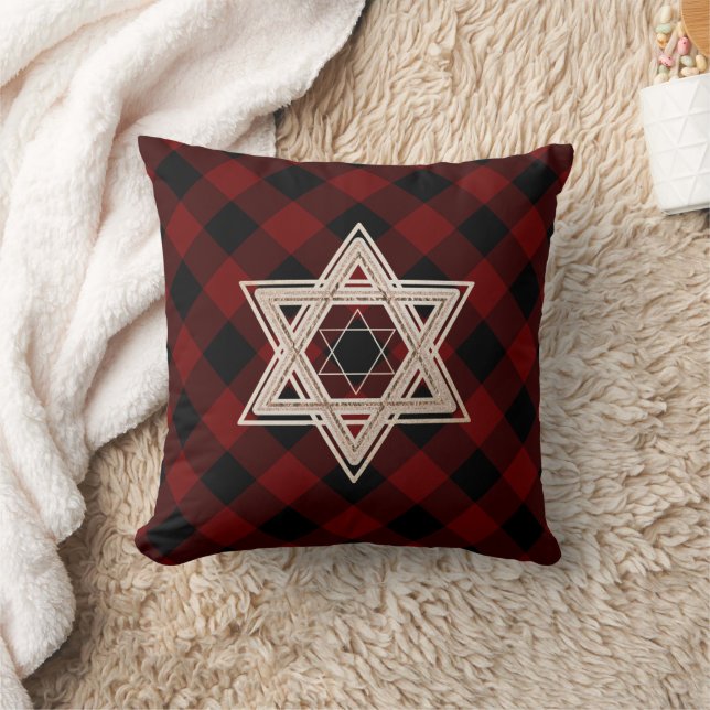 Star of David | Rustic Buffalo Red and Black Plaid Throw Pillow (Blanket)