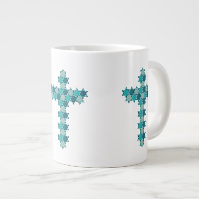 Star of David Star Cross Blue Optical Illusion Large Coffee Mug (Front Right)