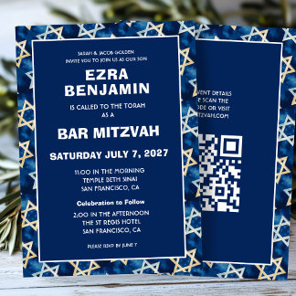 Star of David Watercolor Custom QR Bar Bat Mitzvah Invitation
