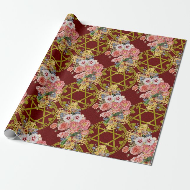 Star of David with Floral Spray Wrapping Paper (Unrolled)