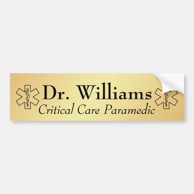 Star of Life EMT Paramedic Personalized EMS Gold Bumper Sticker (Front)