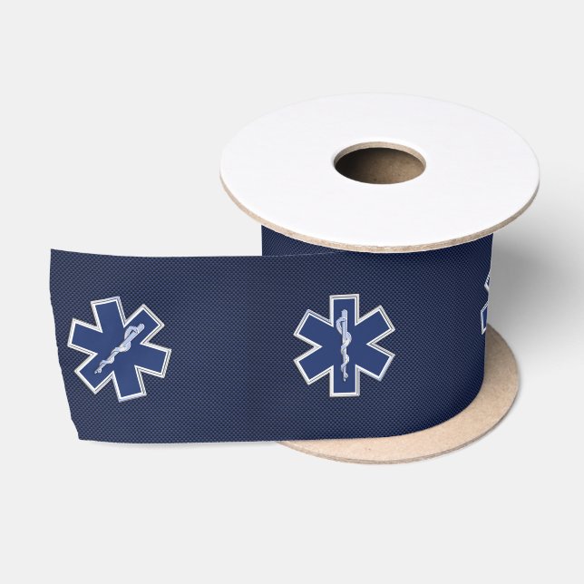 Star of Life Paramedic Carbon Fibre Style Satin Ribbon (Spool)