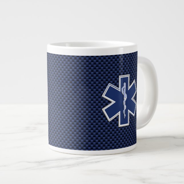 Star of Life Paramedic EMS on Blue Carbon Fibre Large Coffee Mug (Front Right)