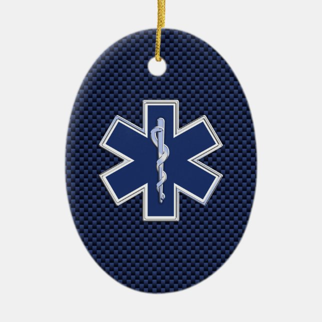 Star of Life Paramedic on Navy Blue Carbon Fibre Ceramic Ornament (Front)