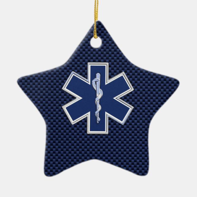 Star of Life Paramedic on Navy Blue Carbon Fibre Ceramic Ornament (Front)