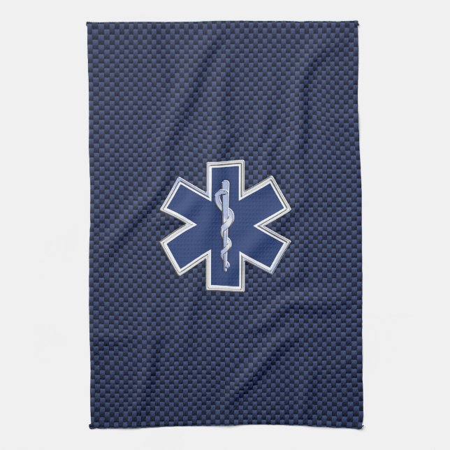 Star of Life Paramedic on Navy Blue Carbon Fibre Kitchen Towel (Vertical)