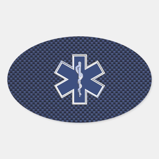 Star of Life Paramedic on Navy Blue Carbon Fibre Oval Sticker (Front)