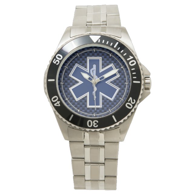 Star of Life Paramedic on Navy Blue Carbon Fibre Watch (Front)