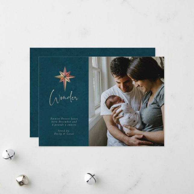 Star of Wonder Christmas Photo Birth Announcement (Front/Back In Situ)