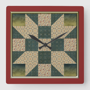 Star Patch Quilt Block Gold & Green no numbers Square Wall Clock