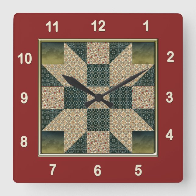 Star Patch Quilt Block Gold & Green Square Wall Clock (Front)
