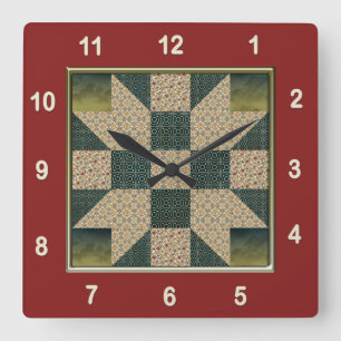 Star Patch Quilt Block Gold & Green Square Wall Clock