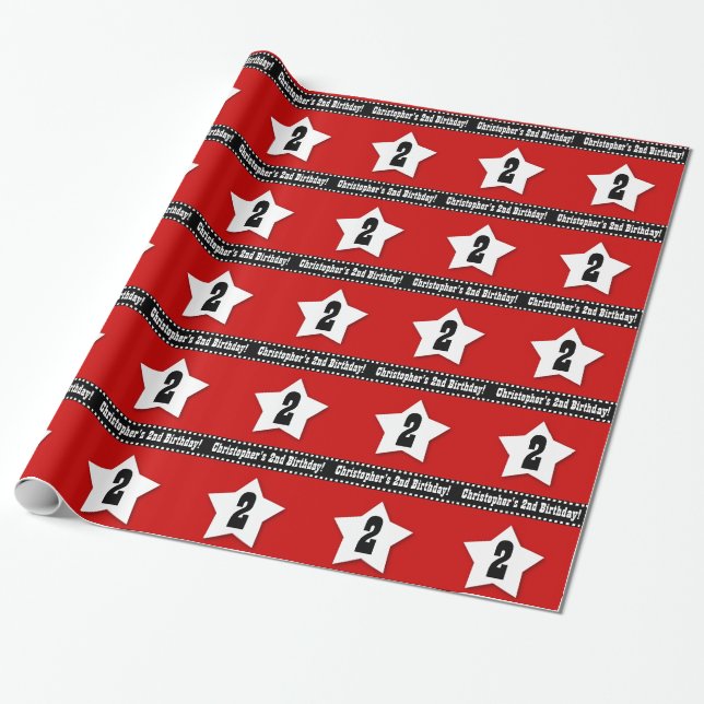 STAR Pattern 2nd Birthday Red White Black V01 Wrapping Paper (Unrolled)