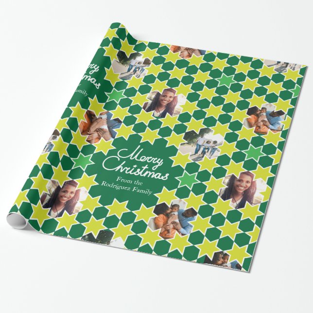 Star pattern green Christmas family photo custom Wrapping Paper (Unrolled)