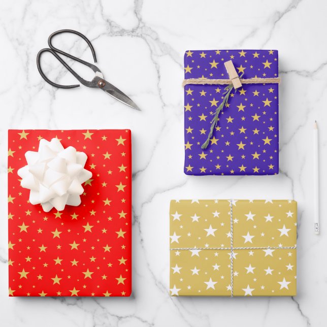 Star Pattern on Blue, Golden and Red Wrapping Paper Sheet (Front)