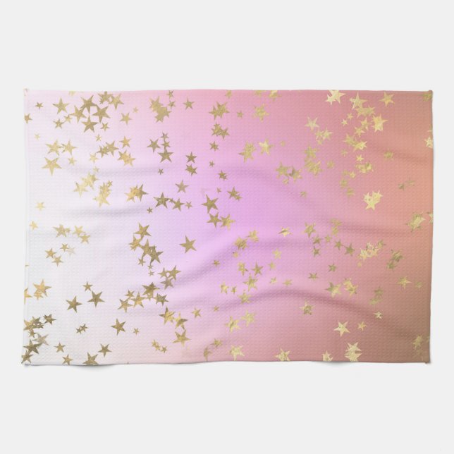 Star pattern peach purple gold gradient kitchen towel (Horizontal)