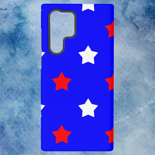 Star Pattern Red White and Blue Samsung Galaxy S22 Ultra Case (A phone case with a pattern of red and white stars on a blue background.)