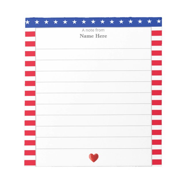Star Pattern, Red White Stripes & Heart Lined Notepad (Front)