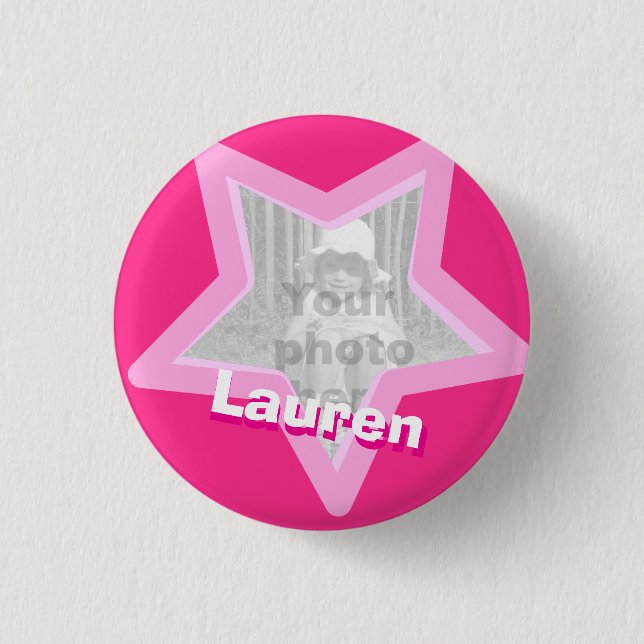 Star photo fun hot pink name button/badge 1 inch round button (Front)