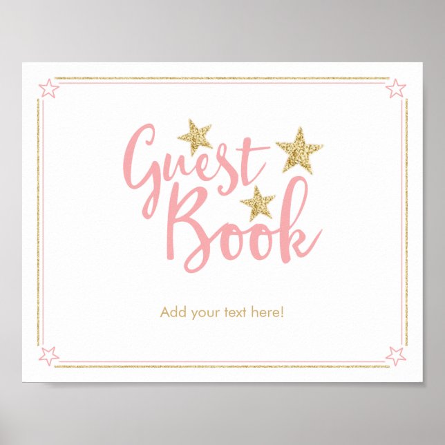 Star Pink Gold Glitter Baby Shower Guest Book Sign (Front)