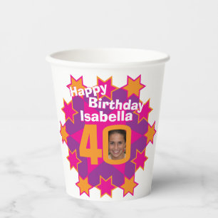 Star pink golden yellow 40th birthday two photos paper cups