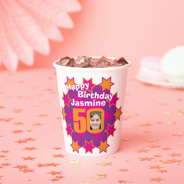 Star pink golden yellow 50th birthday two photos paper cups (Insitu)