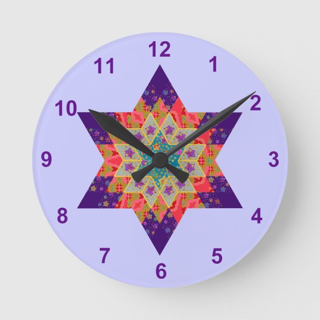 Star Quilt in Purple and Orange Round Clock (Front)