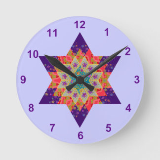 Star Quilt in Purple and Orange Round Clock