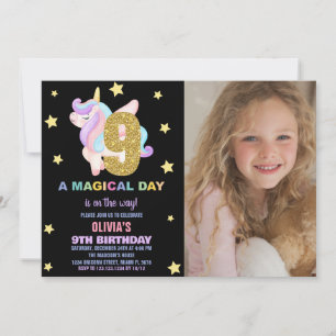 Star Rainbow Unicorn Birthday Invitations w photo