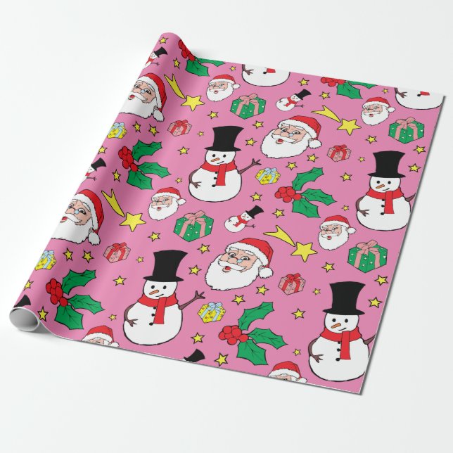 Star Santa Claus Snowman Christmas Pattern Pink Wrapping Paper (Unrolled)