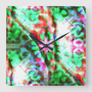 Star shadows on glass flowery spots, pink to green square wall clock