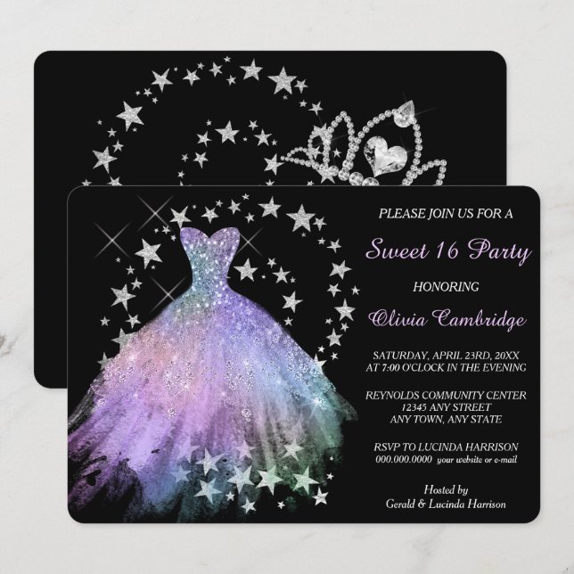 Star Shimmer Lavender Blue Sweet Sixteen Invite (Front/Back)